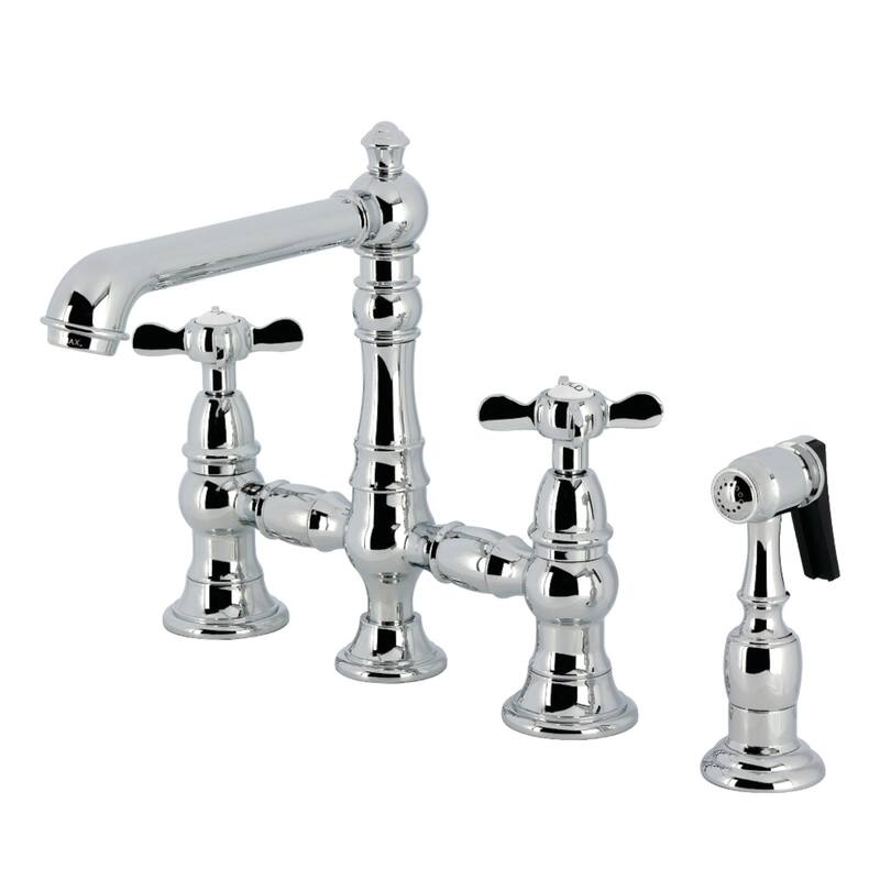 Kingston Brass Essex Two-Handle 4-Hole Deck Mount Bridge Kitchen Faucet with Brass Side Sprayer - Polished Chrome