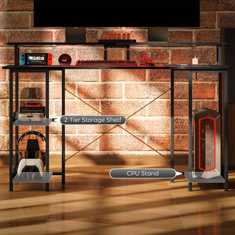 Particleboard and Steel Desk with RGB Lights Monitor Stand Shelves