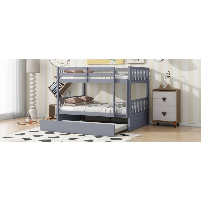 Roomfitters Full Over Full Rubber Wood Bunk Bed with Trundle, Convertible to Two Full Beds with Ladder and Guardrails