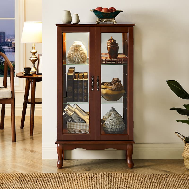 Lighted Curio Display Cabinet with Adjustable Shelves and Mirrored Back Panel