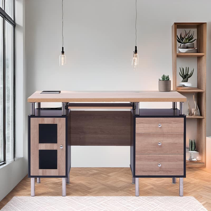 3-Drawer Filing Cabinet, Two-Tone Office Desk Power Outlets & USB Ports – Includes 3 Drawers and 1 Storage Cabinet