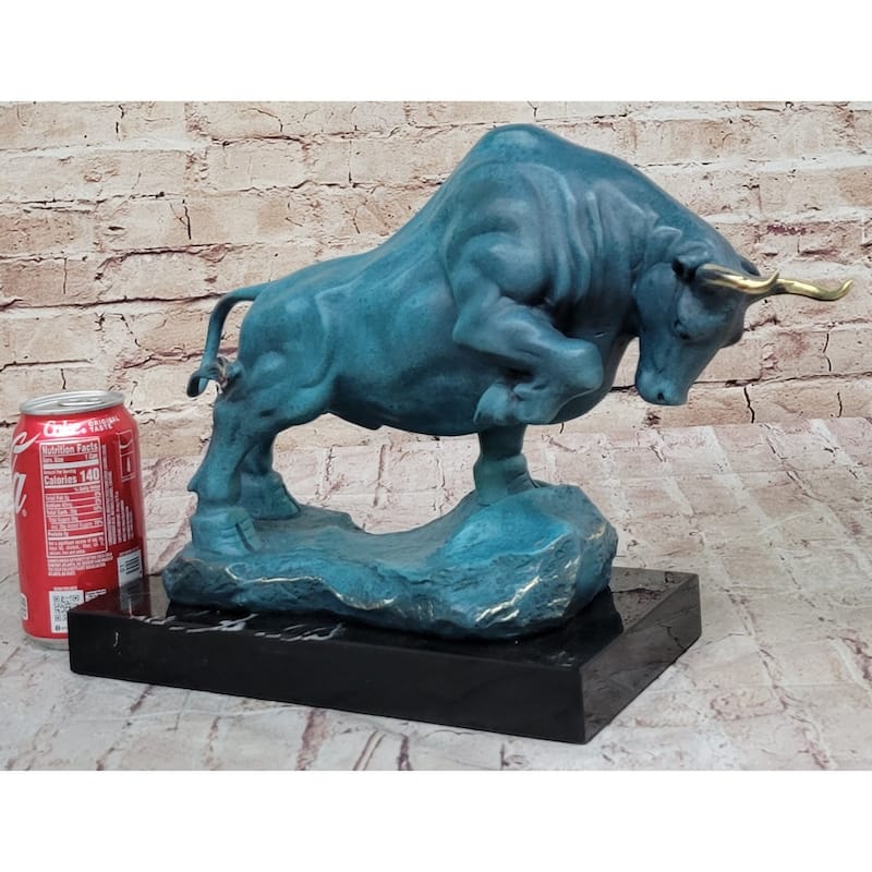 Charging Bull Hot Cast Bronze Figure W/ Blue Green Patina On Marble Base By Milo