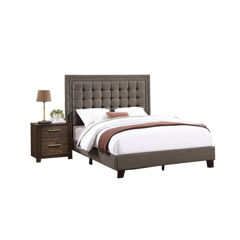 Zofi Modern Full Size Bed, Deep Square Tufted Upholstery, Taupe Polyester