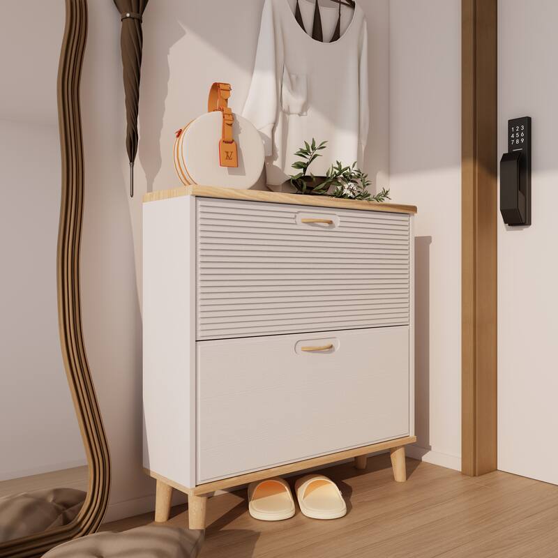 Freestanding Slim Shoe Organizer, Entryway Narrow Shoe Rack Cabinet, Shoe Cabinet with 2 Flip Drawers & Natural Wood Legs
