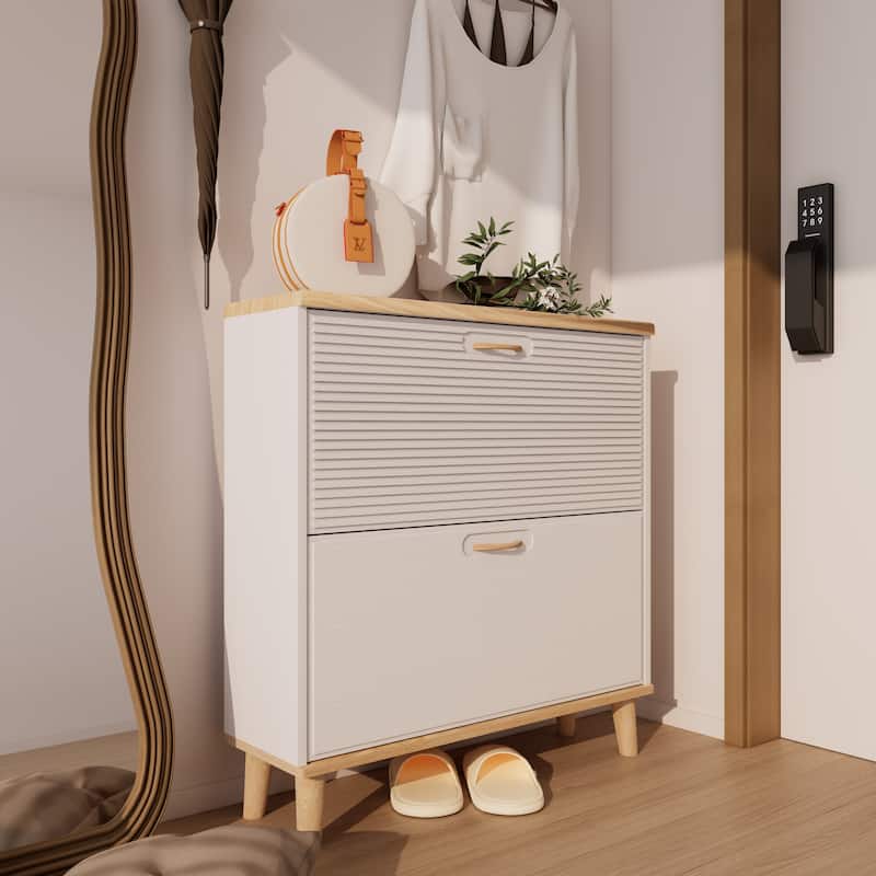 Shoes Storage Cabinet,Narrow Shoe Rack Cabinet,Shoe Cabinet,2 Flip Drawers,with Natural Wood Legs,for 8-16 Pairs