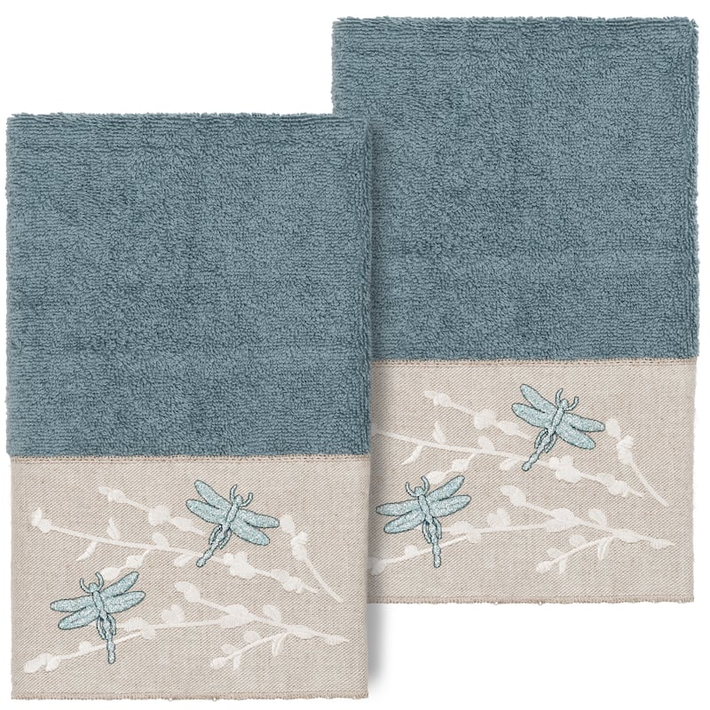 Authentic Hotel and Spa 100% Turkish Cotton Braelyn 2PC Embellished Hand Towel Set - Teal