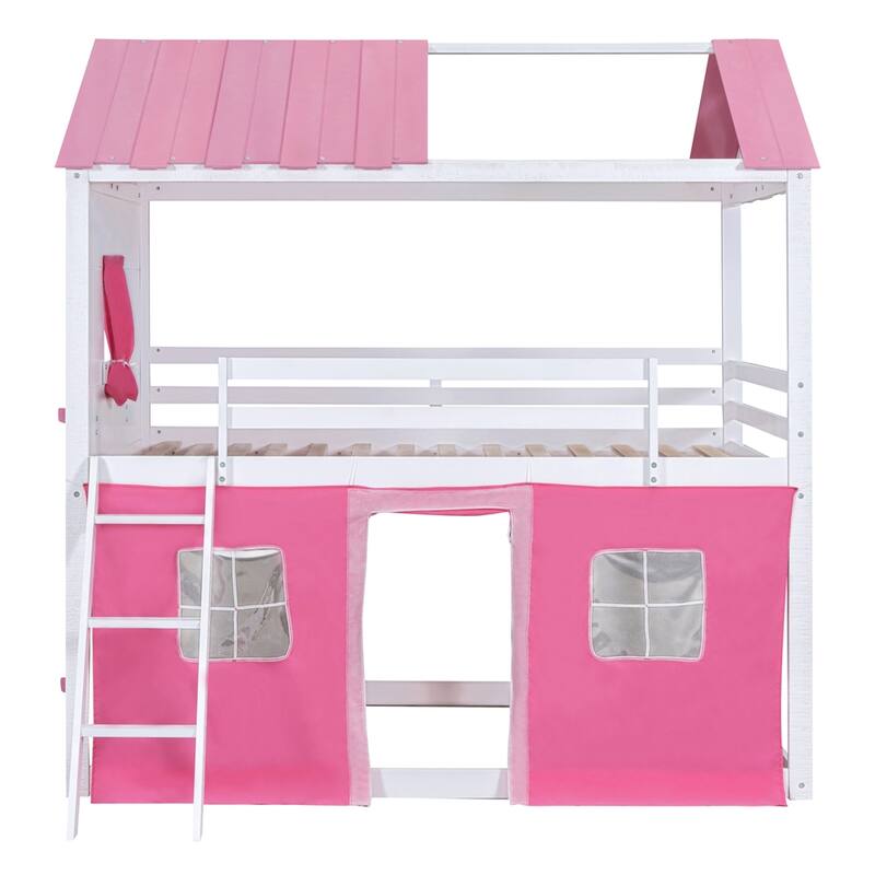 Full Size Bunk Wood House Bed with Elegant Windows, Sills and Tent - White+Pink