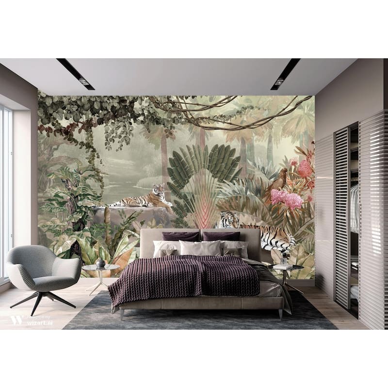 Exquisite Jungle Wallpaper Mural Tigers Tropical Flora Exotic Birds