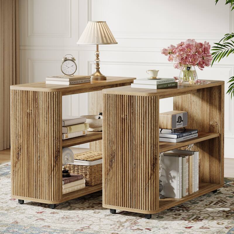 3-Tier Narrow End Table,Small Fluted Modern Side Table Nightstand - 2Pack-Natural