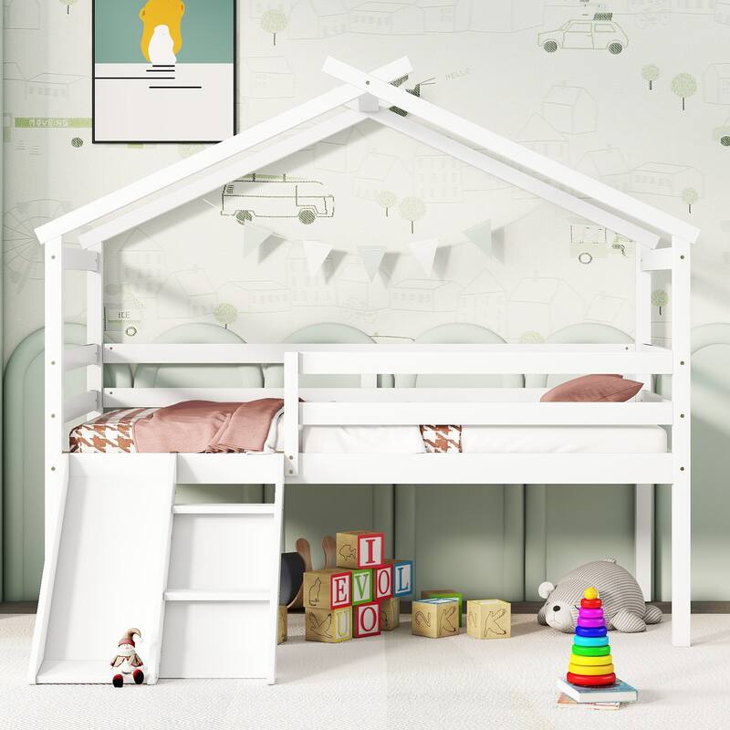 White Twin Low Loft House Bed with Slide, Ladder, Safety Guardrails, House Roof Frame