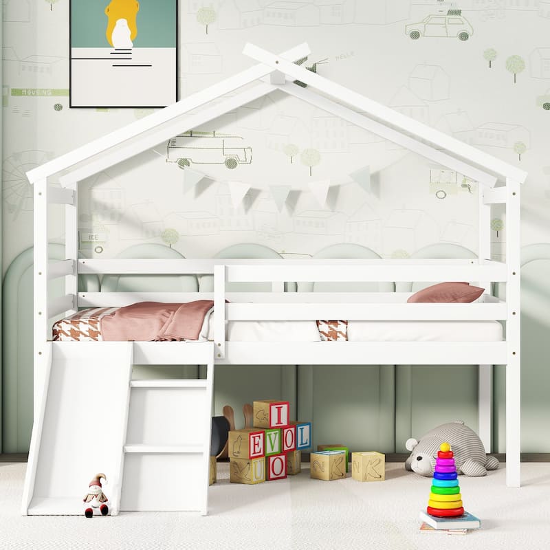 White Twin Size Pine Wood Low Loft House Bed with Slide