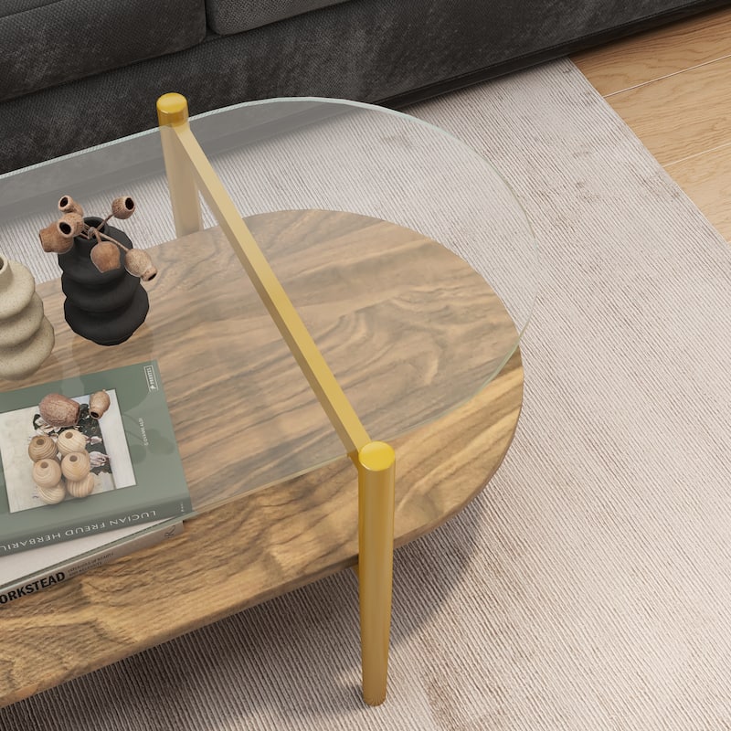 Oval Glass Coffee Table, 2-Tier Structure, Clear Glass Top and Walnut Finish Wood Shelf, Conical Legs with Gold Finish Frame