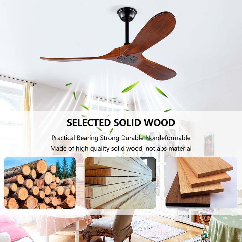 52 Inch Ceiling Fans Without Lights,Solid Wood Ceiling Fan with Remote Control and DC Motor,Ceiling Fan no Light with 3 Blades
