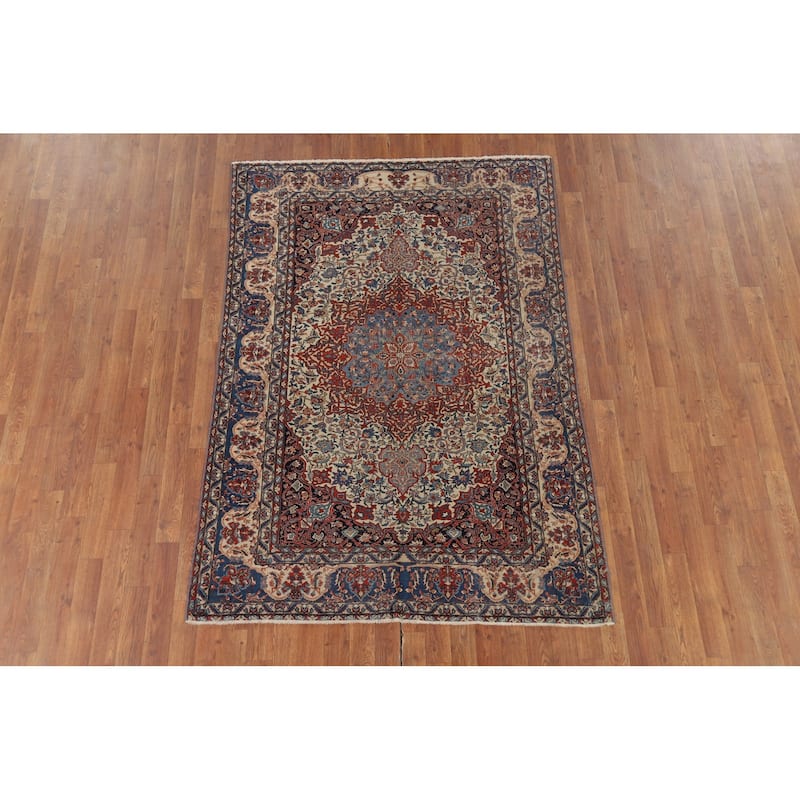Pre-1900 Antique Isfahan Vegetable Dye Persian Rug Handmade Wool Carpet - 4'7" x 6'7"