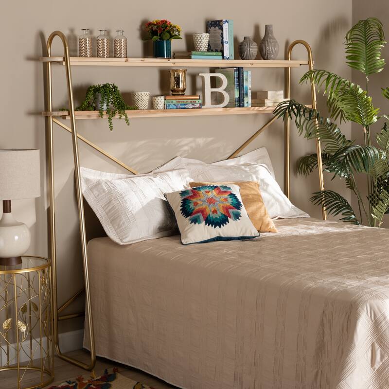 Merida Gold Metal and Brown Wood 2-Tier Over Bed Queen Size Shelf