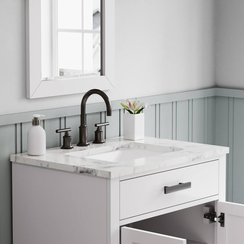 Hartford Marble Countertop Bath Vanity in White with Gooseneck Faucet