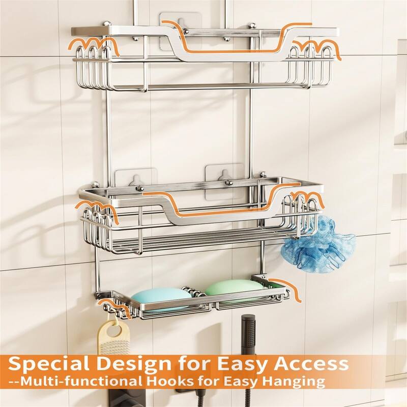 3 Tier Rustproof Hanging Shower Caddy - 4.72"D x 12.2"W x 30"H