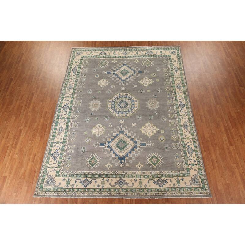 Gray Geometric Kazak Oriental Rug Living Room Handmade Wool Carpet - 9'10"x 13'1"