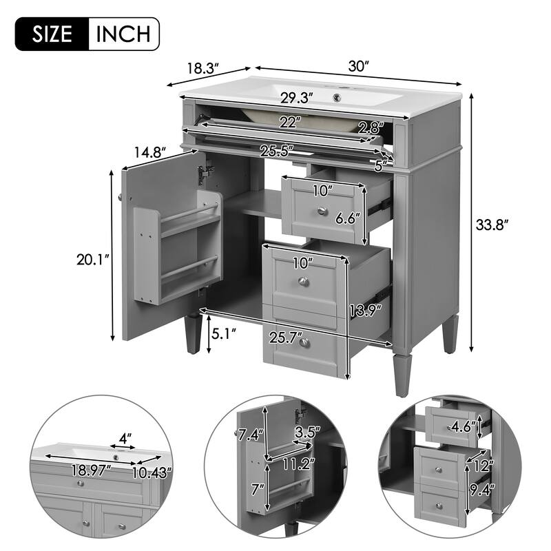 30 Inch Bathroom Vanity with Ceramic Top, 2 Storage Drawers, Tip-Out Tray, Solid Wood Frame Cabinet