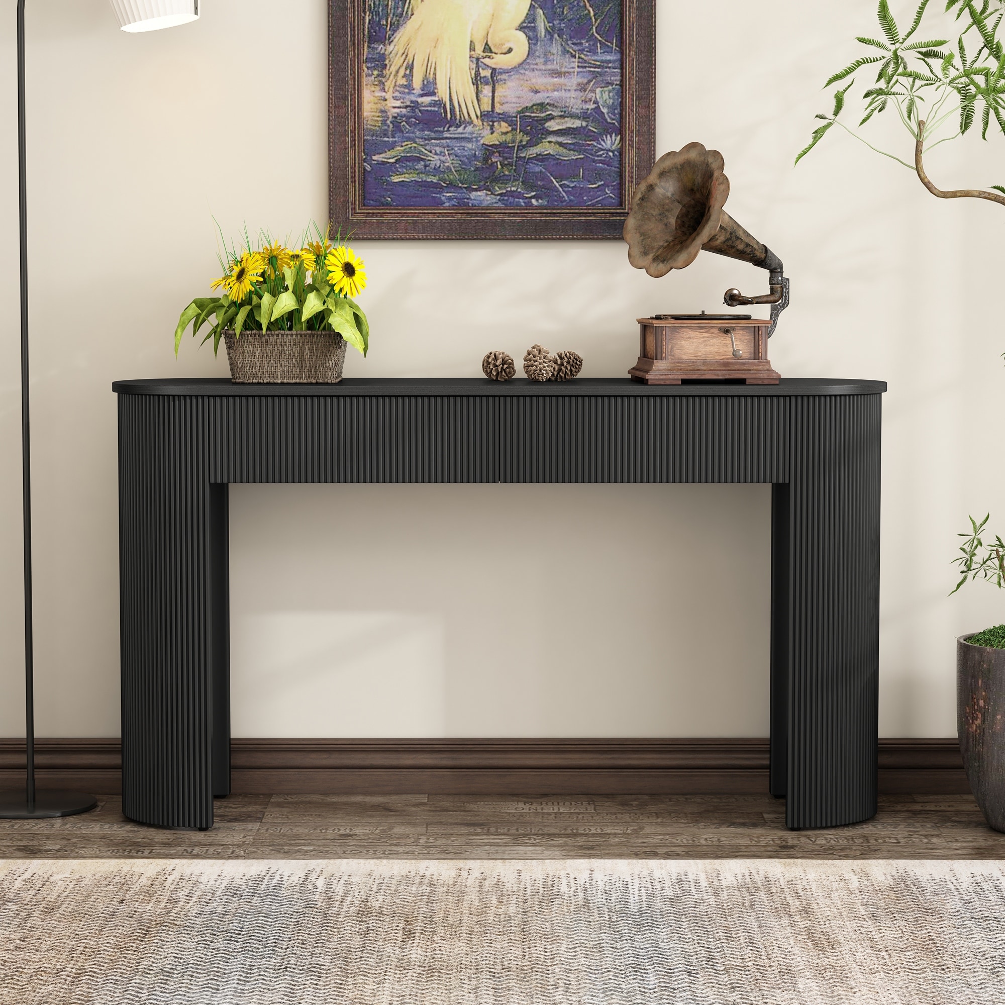 Modern Fluted Entryway Table Console Table with Oval Top and 2 Drawers, for Entryway and Living Room, Black
