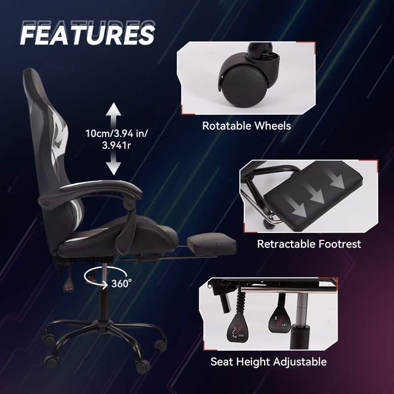 Gaming Chair Black-Blue - Ergonomic PU Seat w/Adjustable Armrests & Metal Legs​