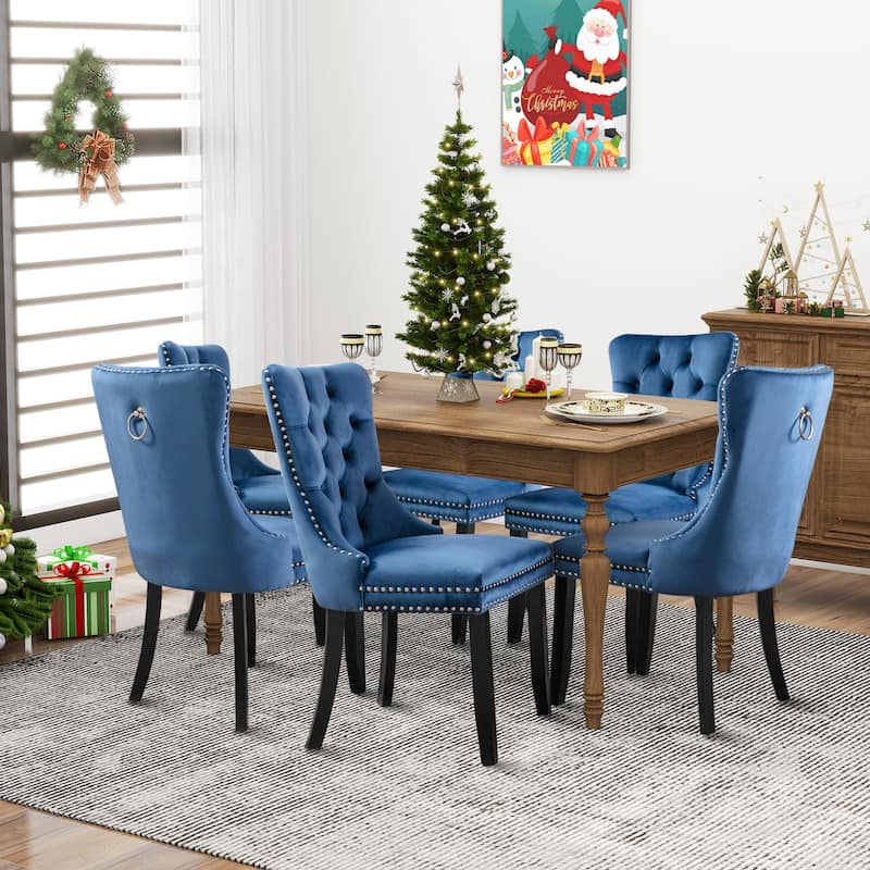Dining Chairs Set of 6, Luxury Upholstered Velvet Kitchen Chairs Side Chair with Padded Seat Back and Solid Wood Legs - Blue