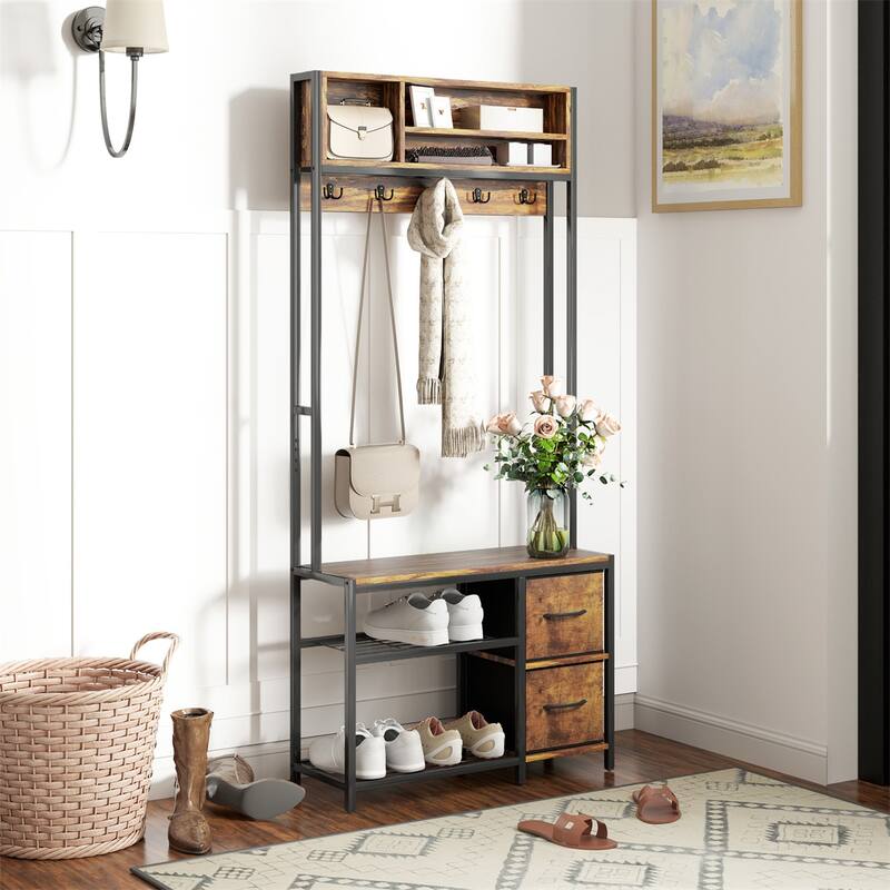 5-in-1 Hall Tree with Bench Coat Hooks and Storage Drawers for Entryway Hallway or Mudroom - 31.5" W x 11.8" D x 70.9" H