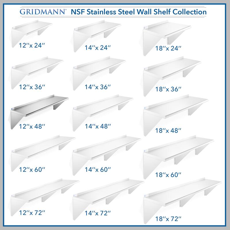 48 x 12in NSF Stainless Steel WallMount Shelf - 12" x 48"