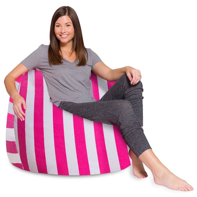 Kids Bean Bag Chair, Big Comfy Chair - Machine Washable Cover - 48 Inch Extra Large - Canvas Stripes Pink and White