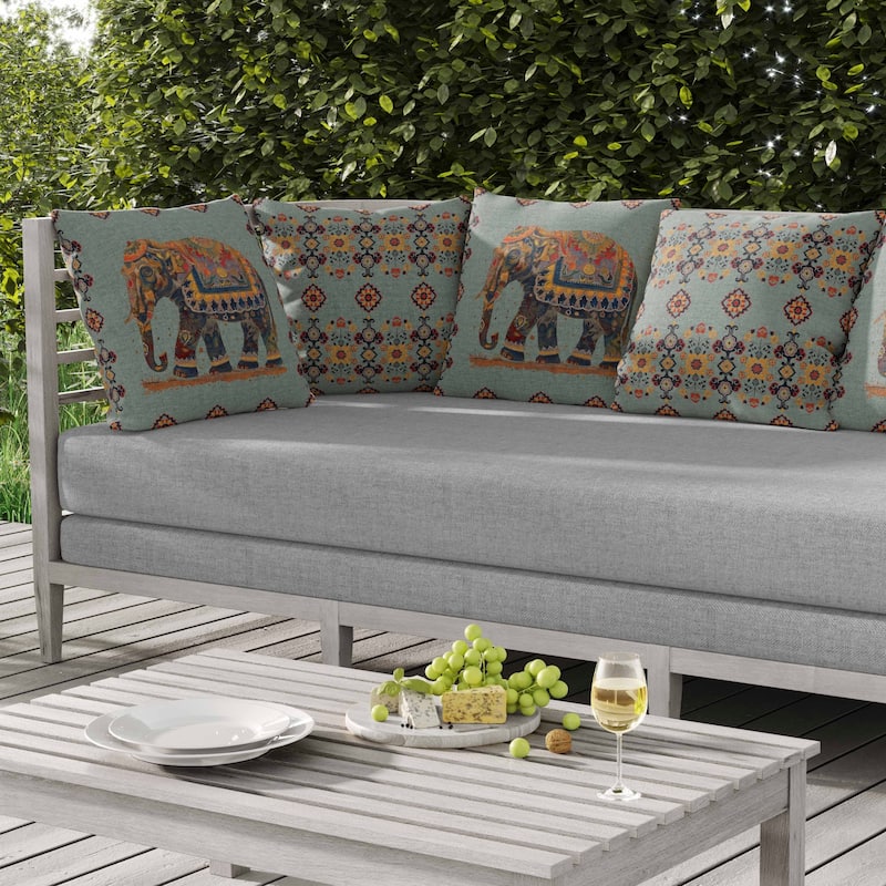 Decorated Elephant Indoor/Outdoor Reversible Throw Pillow Mint and Orange