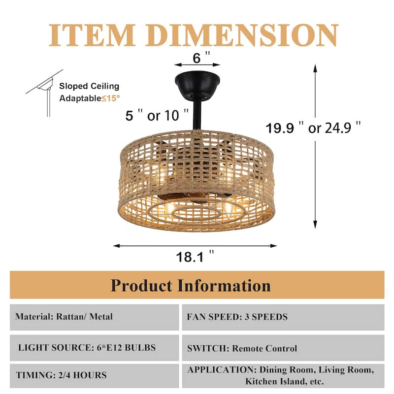 Cusp Barn 18" Boho Ceiling Fan with Remote Control, Caged Rattan 6-Light 3 Speeds Reversible Fandelier for Bedroom Living Room