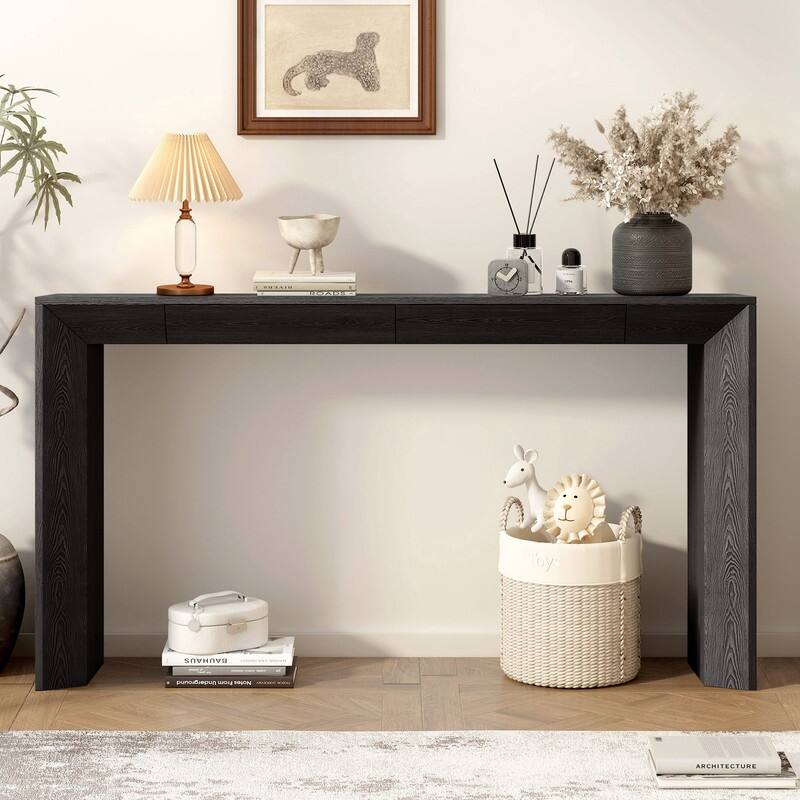 60" Farmhouse Console Table with 2 Concealed Drawers and Durable Waterfall Design - Black