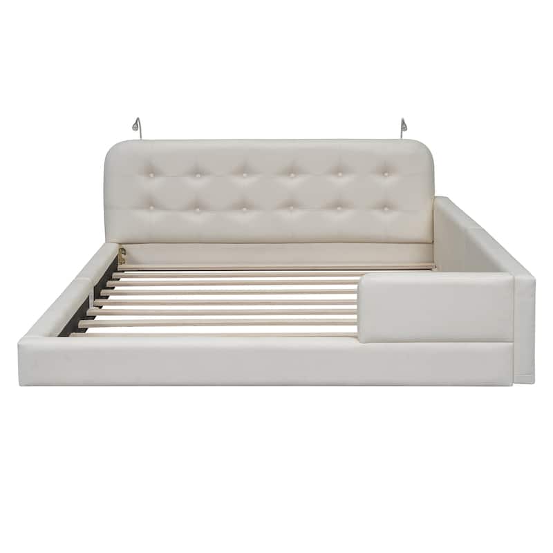 Queen Size Upholstered Platform Bed with 2 Reading Lights, Premium PU Leather Floor Bed Frame with Wooden Slats Support