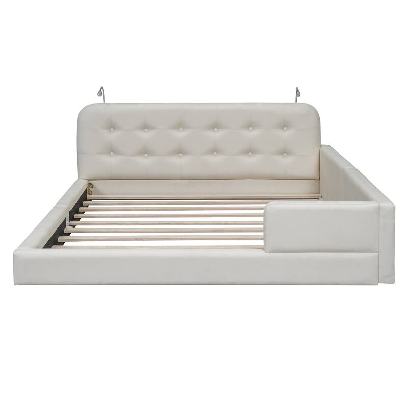 Queen Size Upholstered Platform Bed with Headboard & 2 Reading Lights