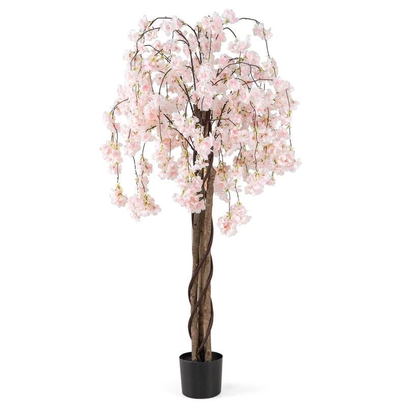 White Polyester PE Solid Wood Cherry Blossom Tree 5.5ft with Cement Pot - 1