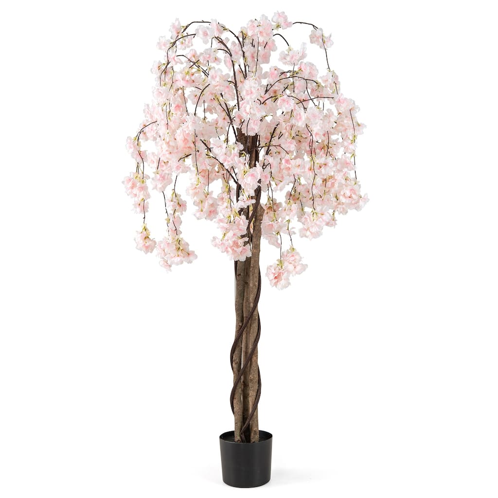 White Polyester PE Solid Wood Cherry Blossom Tree 5.5ft with Cement Pot