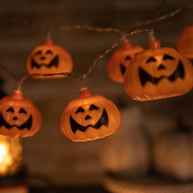 10ct LED Jack-O-Lantern Halloween Light Set 3' white Lights Clear Wire