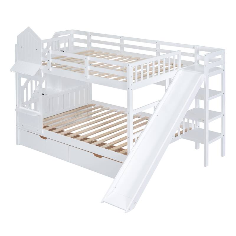 Full-Over-Full Castle Style Bunk Bed with Drawers, Shelves and Slide - White