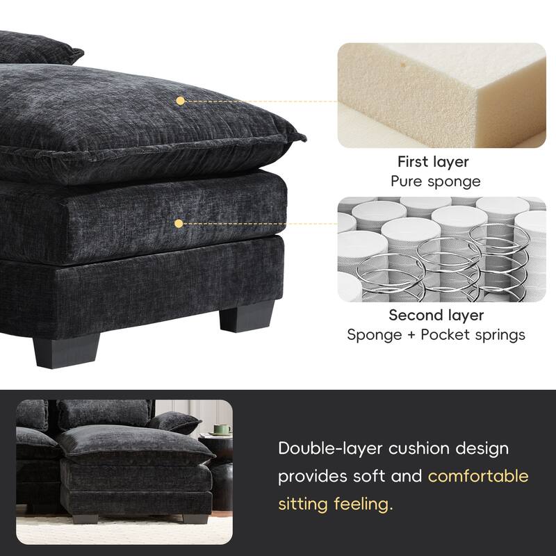 110x55x33" U-shaped Modular Sofa with Double Chaise, Double Cushions, 4 Lumbar Pillows, Chenille Upholstery, Black