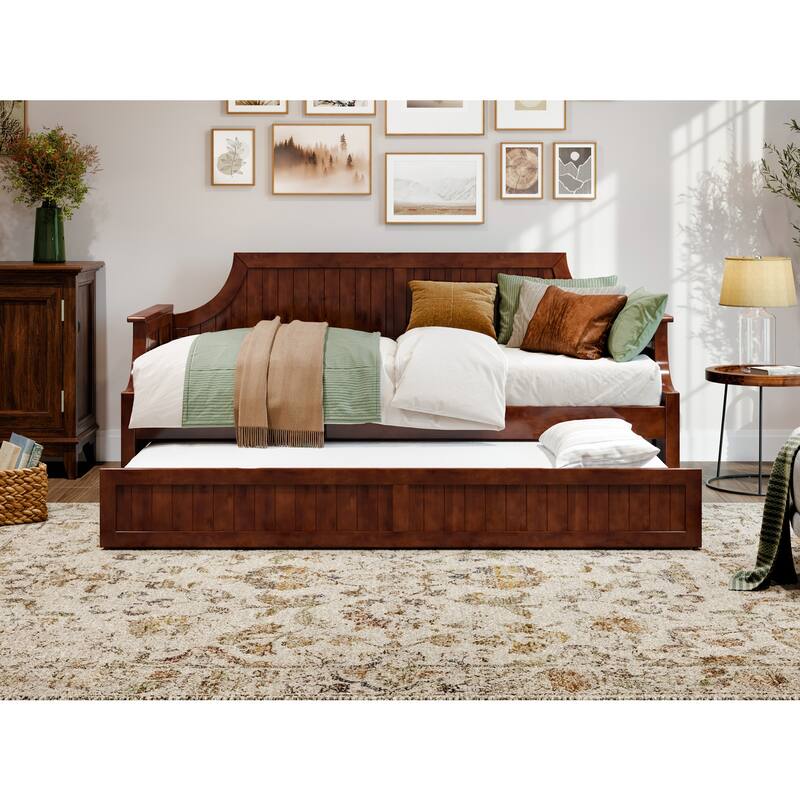 Twin Daybed with Trundle - Wood Frame Daybed for Living Room, Bedroom, Guest Room - Walnut Finish