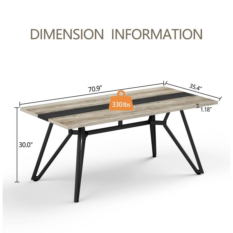 70.9" Large Dining Table for 6-8, Modern Farmhouse Kitchen Table with Spacious Tabletop & V-Shaped Steel Base, Adjustable Legs