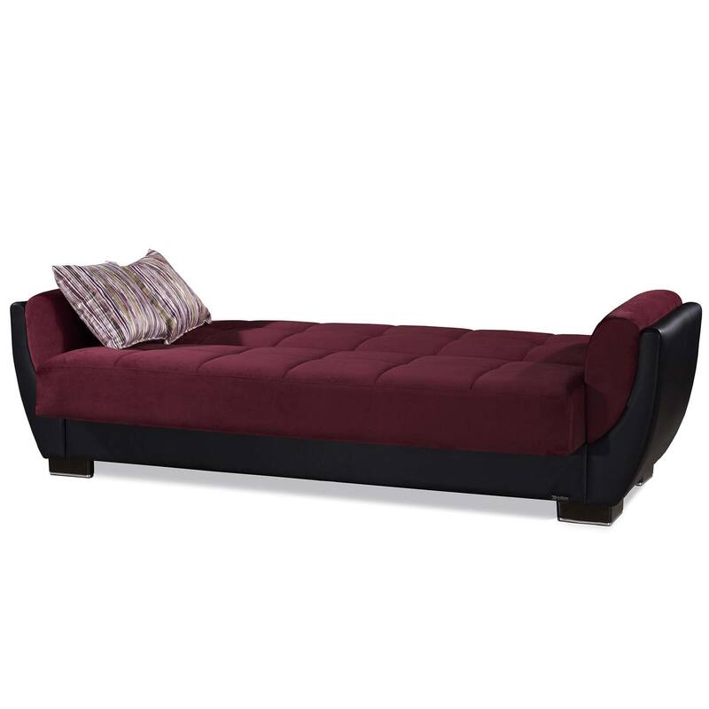 HomeRoots 93" Burgundy Microfiber And Faux Leather Convertible Futon Sleeper Sofa And Toss Pillows With Storage