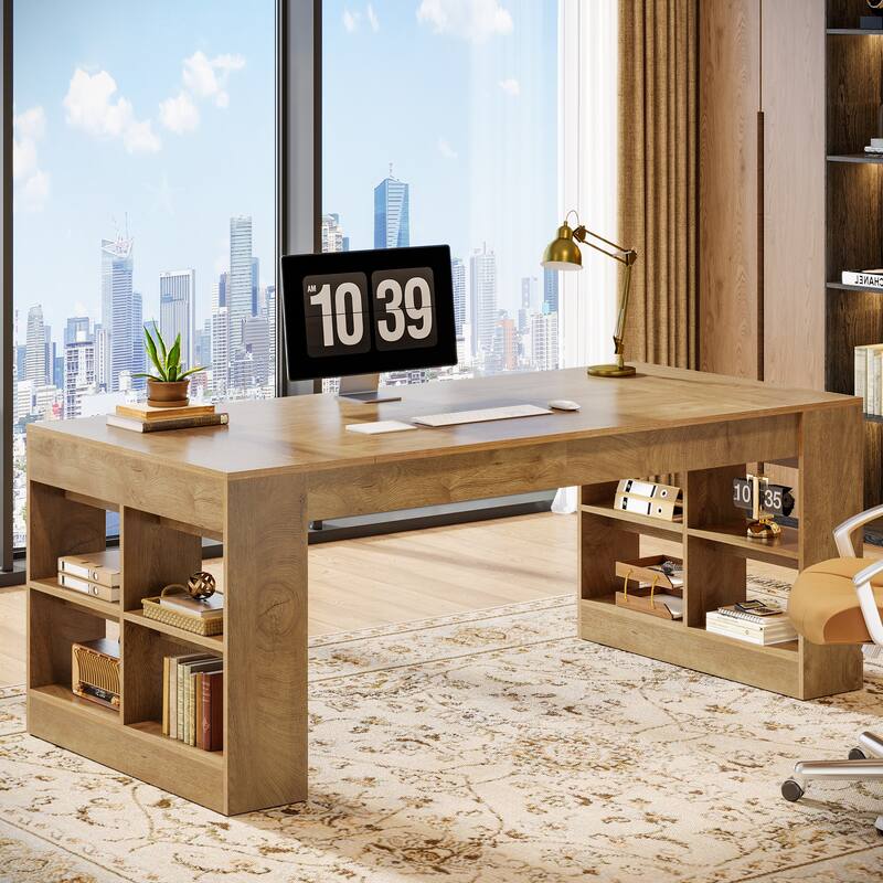 70.87-Inch Executive Desk with Storage Shelves, Wooden Large Office Computer Desk for Home Office - Rustic Brown