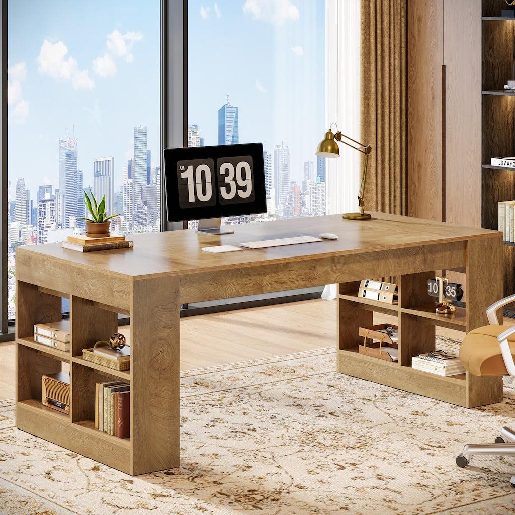 70.87-Inch Executive Desk with Storage Shelves, Wooden Large Office Computer Desk for Home Office