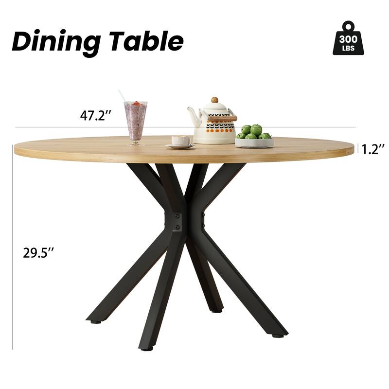 47 Inch Round Dining Table for 4-6 People, Mid Century Modern Kitchen Table with Sturdy Base, Wood Dining Table