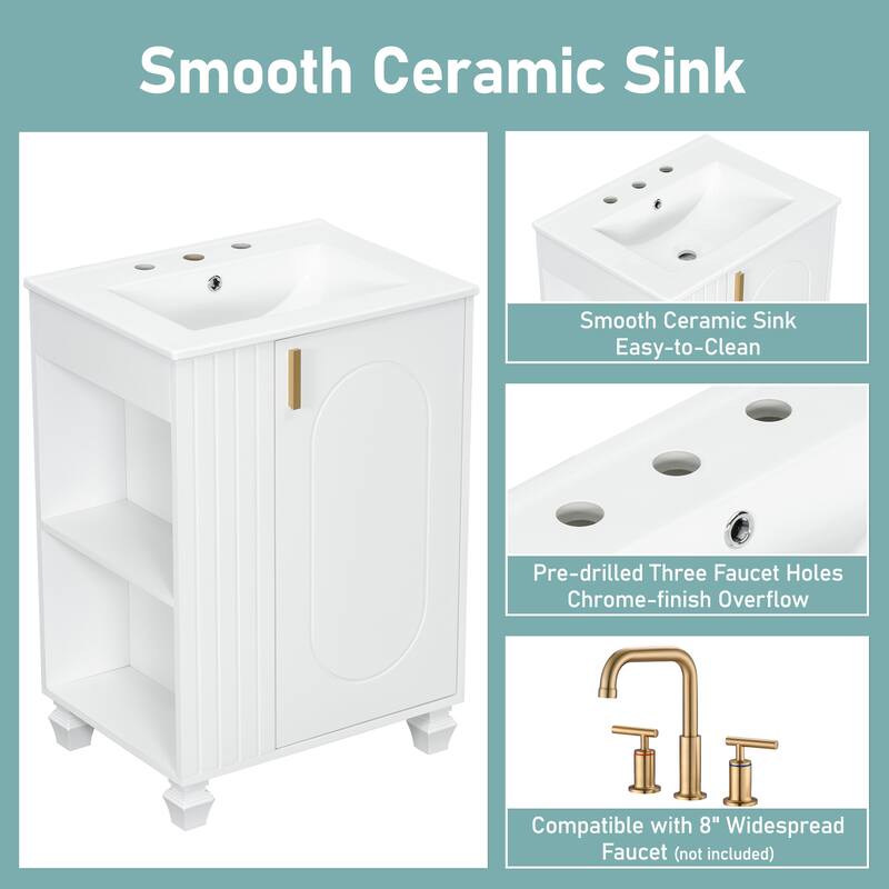 24" Bathroom Vanity with Ceramic Sink, Pine Wood Frame, Soft-Close Door & Side Open Storage