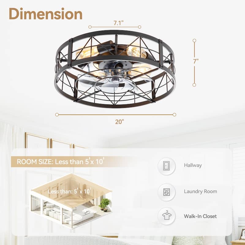 20" 7-Blade Matte Black Flush Mount Caged Ceiling Fan with Light and Remote