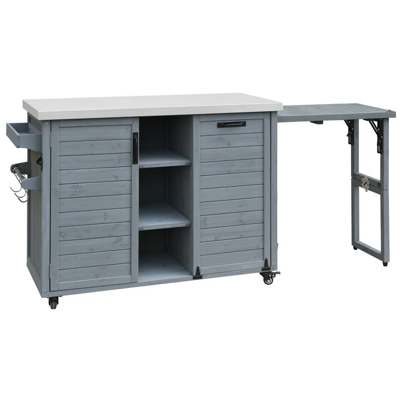 78.3" Outdoor Kitchen Island with Foldable Grill Table, Wooden Cart with Trash Storage & Stainless Steel Top for Lawn & Garden