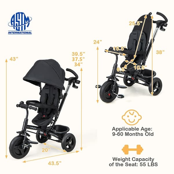 dimension image slide 2 of 3, Gymax 4-in-1 Baby Tricycle Toddler Trike w/ Reversible Seat Canopy &