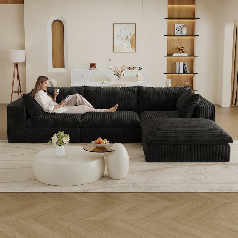 L-shaped Modular Deep Seat Couch Corduroy Chaise Sectional Sofa with Ottoman and Removable Cushions for Living Room